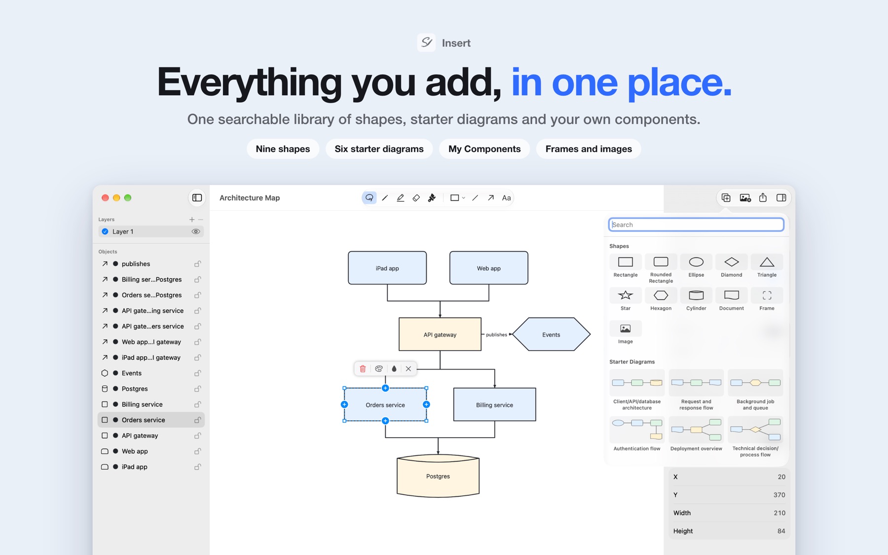 Splashy on Mac with the Insert library open, showing shapes and starter diagrams